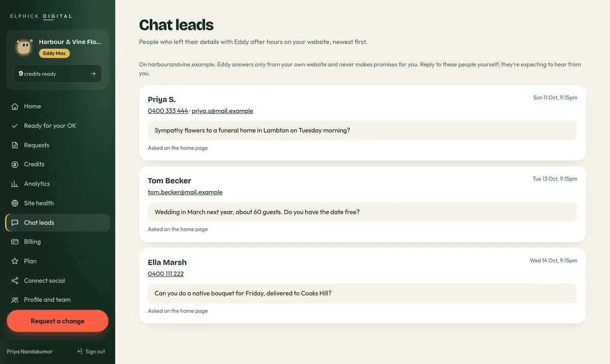 Chat leads in the client portal: people who left their details with Eddy after hours on a demo florist's website, with their question and contact details.