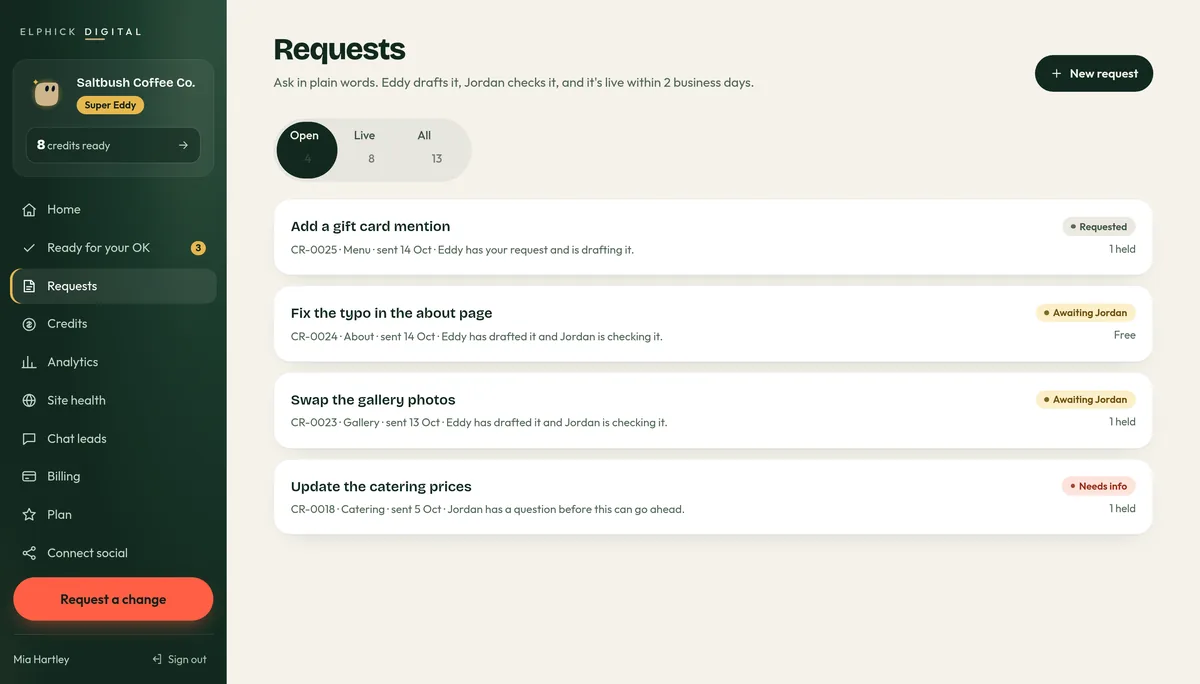 The requests list in the client portal, showing each change with its status: requested, awaiting Jordan, approved or needs info.