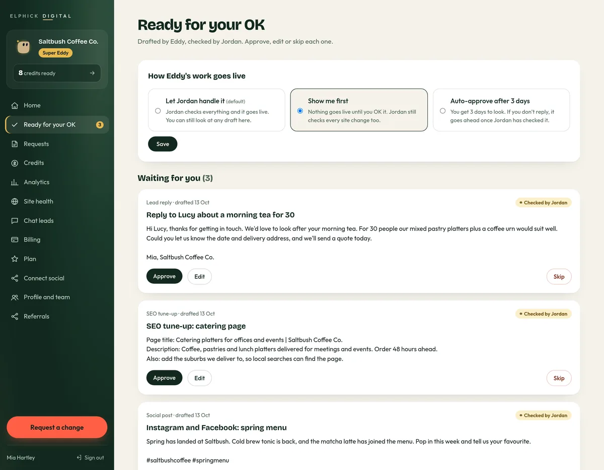 Ready for your OK in the client portal: choose how Eddy's work goes live, then approve, edit or skip a lead reply, an SEO tune-up and a social post, each checked by Jordan.